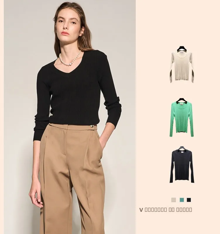 

Ele V-ne Knitwear Women's Slim Fit Pure Color Base Layer Heart ape Elastici Simple Design Korean Sle Office Wear