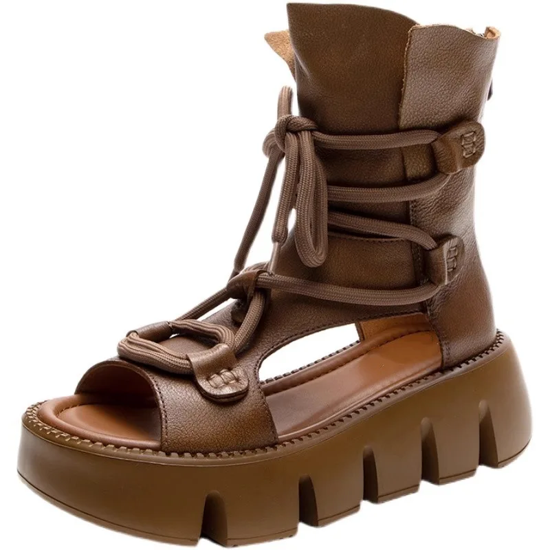 

Women's leather boots platform high top Roman shoes cool boots strap hole shoes European and American retro hollow sandals