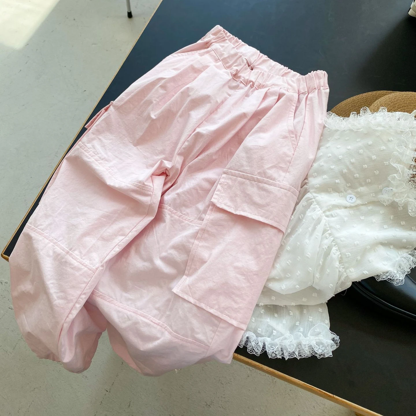 Pantalones para niñas, novedad de verano 20224, monos coreanos para niños, color rosa agua, finos, con bolsillo grande, boca en el pie, sencillos, combinables y con estilo