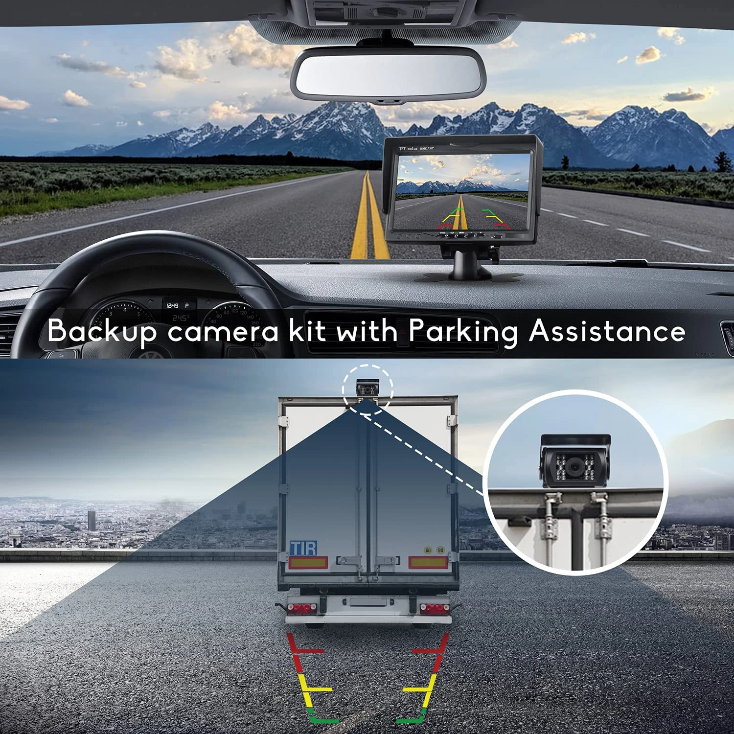 iPoster 7 Inch LCD Screen Car Monitor 12v 24v With Remote Control 4PIN Rear View Reversing Backup Camera 120 Degree View Angle 18 IR LEDs Night Visioin IP68 Waterproof For Truck Rv Caravan Trailer Camper Motorhome
