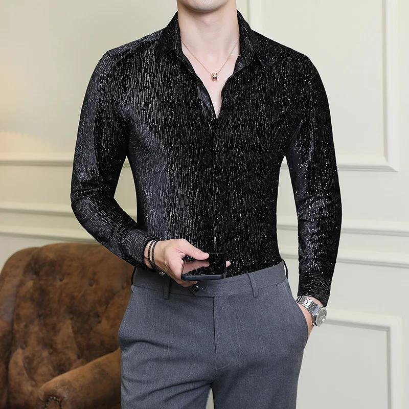 2024 Men\'s Shirts Luxury Shiny Velvet Social Shirts Autumn Winter Mens Dress Shirts Slim Long Sleeve Party Tuxedo Men Clothing