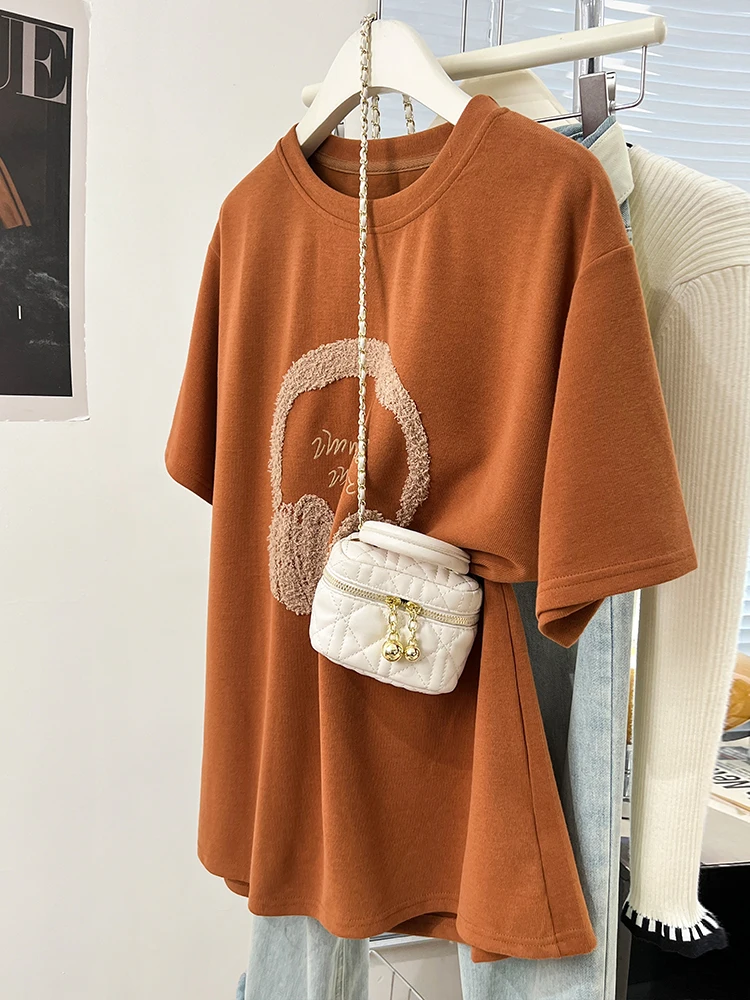 เสื้อยืดแขนสั้นปักลายตัวอักษรอเมริกาแบบย้อนยุคคอกลมสีพื้นเสื้อยืดลำลองทรงหลวมใหม่สำหรับฤดูร้อน