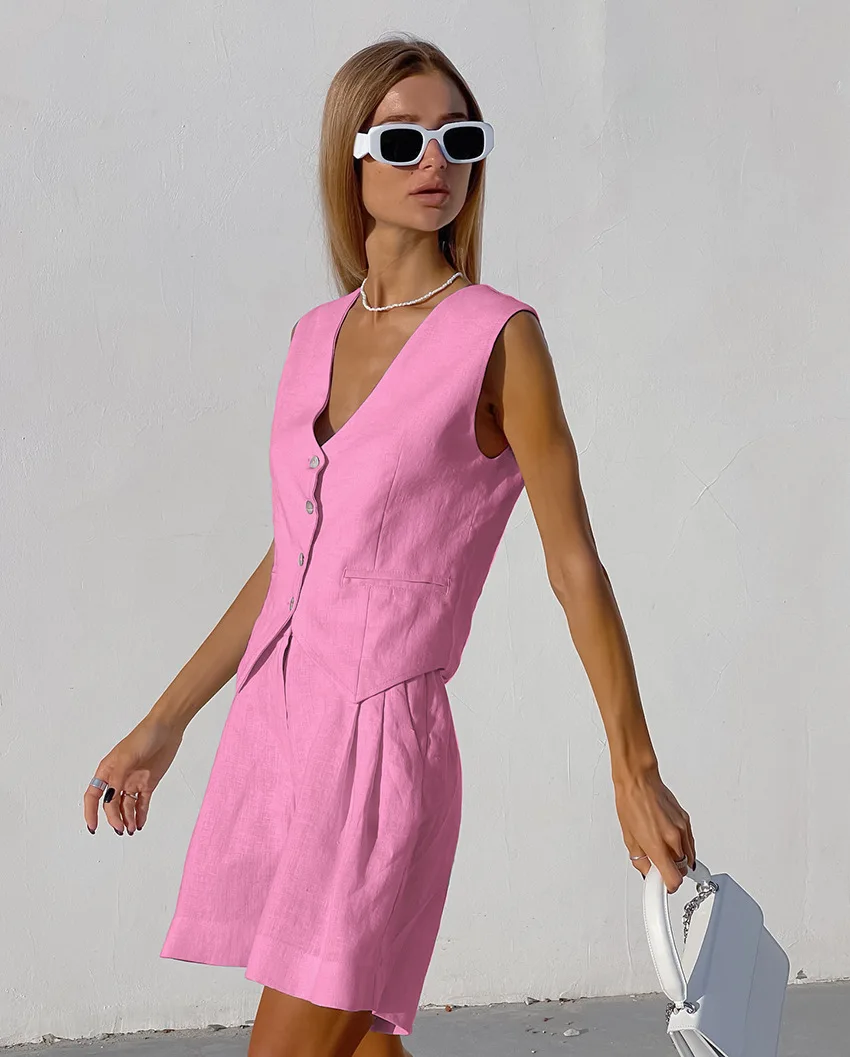 Summer Home Clothes Elegant Cotton Linen Vacation Outfits Vest Tops And Hot Pants 2-Piece Suit 2026 Office Lady Shorts Sets