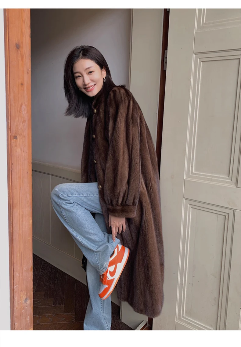 Lautaro Winter Long Brown Thick Warm Soft Faux Mink Fur Coat Women Puff Sleeve Elegant Luxury Chic Fluffy Furry Overcoat 2023