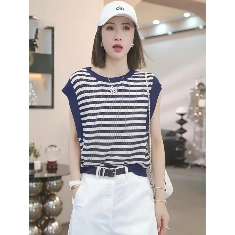 

Office Lady Fashion Hollow Out Striped Sleeveless Knitted T-shirt Summer Women Clothing Vintage Chic Thin Tops
