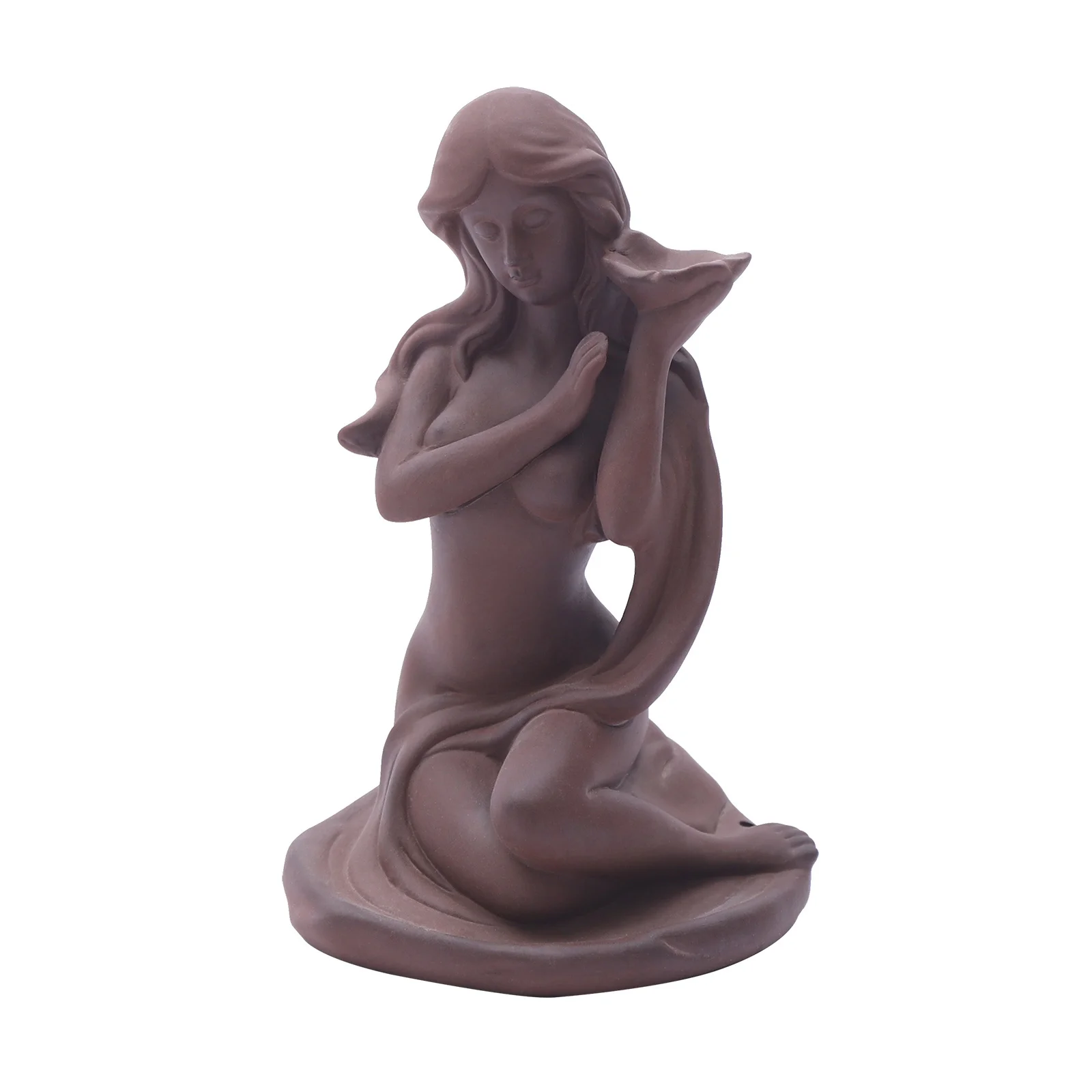 Brown 9.5*14.8cm Waterfall Incense Holder Backflow Inscent Cone Burner Ceramic Bathing Girl Decor