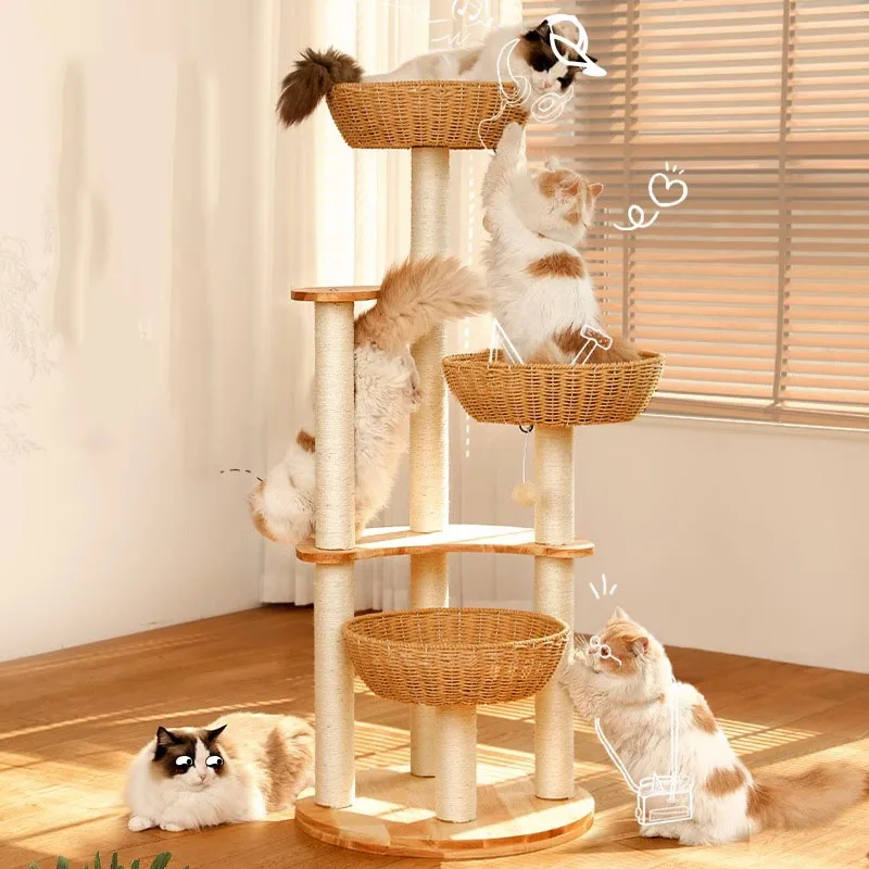 Solid Wood Cat Tower Tree Nest Game Climbing Frame Hammock Scratching Post Cats Mat Sofa Products Pet Products for Kittys