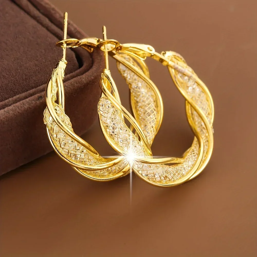 Fashion Elegant Twisted Hoop Earrings 2pc Set - Mesh Design, Perfect for Gifting & Everyday Glamour Anniversary Party Gifts, Jew