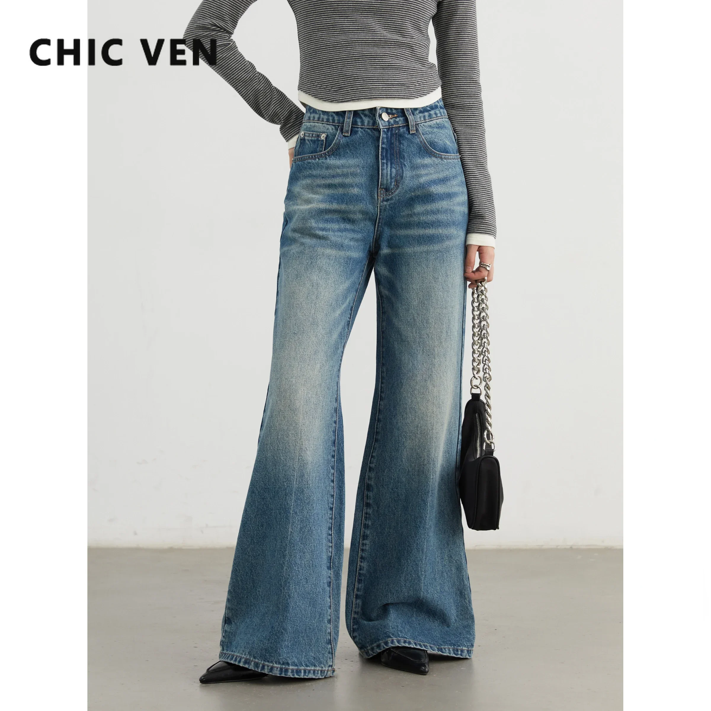 

CHIC VEN Women Jeans Blue New Retro High Waisted Straight Leg Micro Flared Trousers Casual Full Denim Pants Autumn Winter 2024