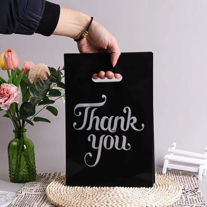 50PCS Thank You Gift Bags 20*30/25*35/30*40/35*45/40*50cm 12 Silk Handheld Black Glossy Plastic Bags Flat Pockets