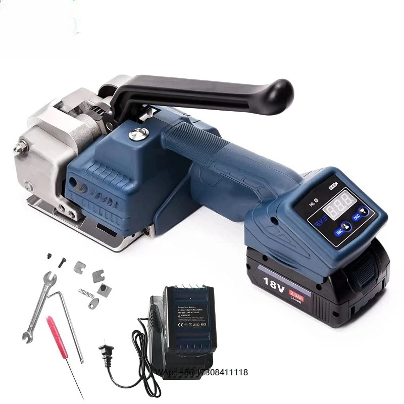 

Электрический ручной портативный инструмент для обвязки пластиковой лентой (ПЭТ/ПП) с силой натяжения 3500 Н, работающий от аккумулятора.