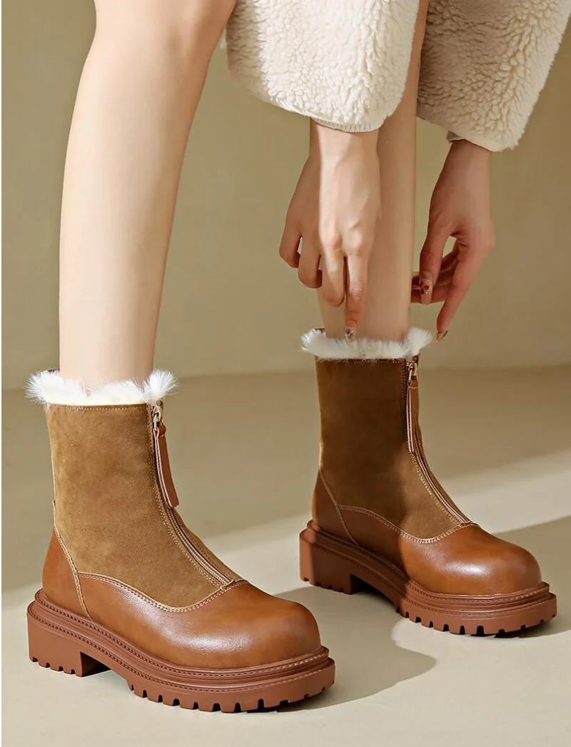 

Warm Plush Boots Women Winter Shoes Chelsea Suede Platform Casual Women Ankle Boots Round Toe Fur Goth Botas Feminina Brown