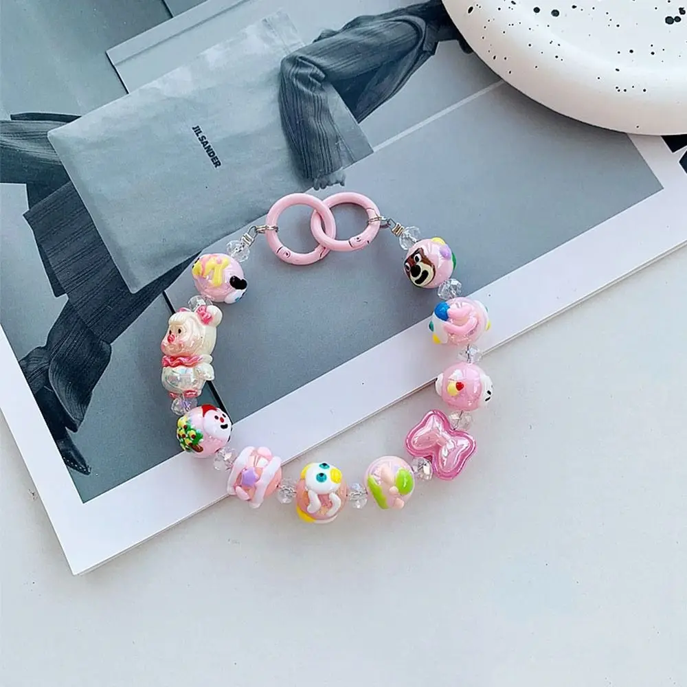 Sweet Colorful Bead Doll Mobile Phone Chain Women Girls Cute Cartoon Bear Bowknot Phone Case Lanyard Rope