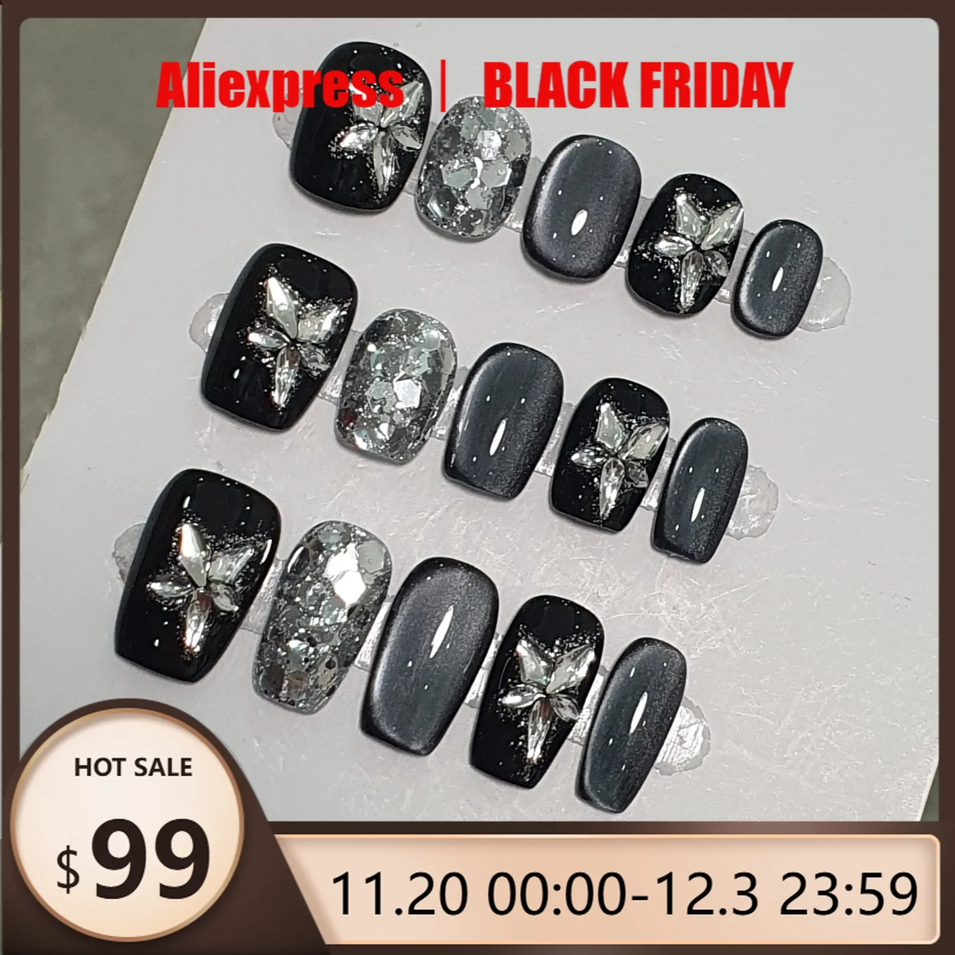 

10 шт., черные, серебристые звезды ручной работы, яркая бусина, кошачий глаз, милые, крутые, Y2K, ногти на каждый день, для свиданий, короткие овальные съемные накладные ногти