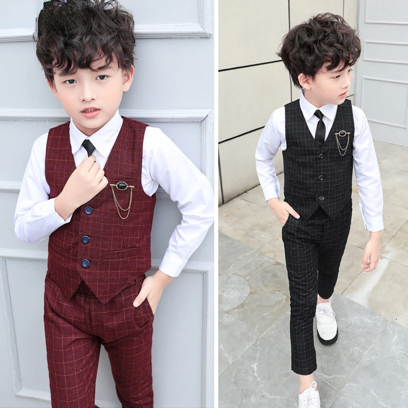 Blazer Kids Boy Plaid Vest Waistcoat Wedding Clothes Set Toddler Formal Dress Suit Child Brooch Shirt Pant Baby Gentlemen Outfit