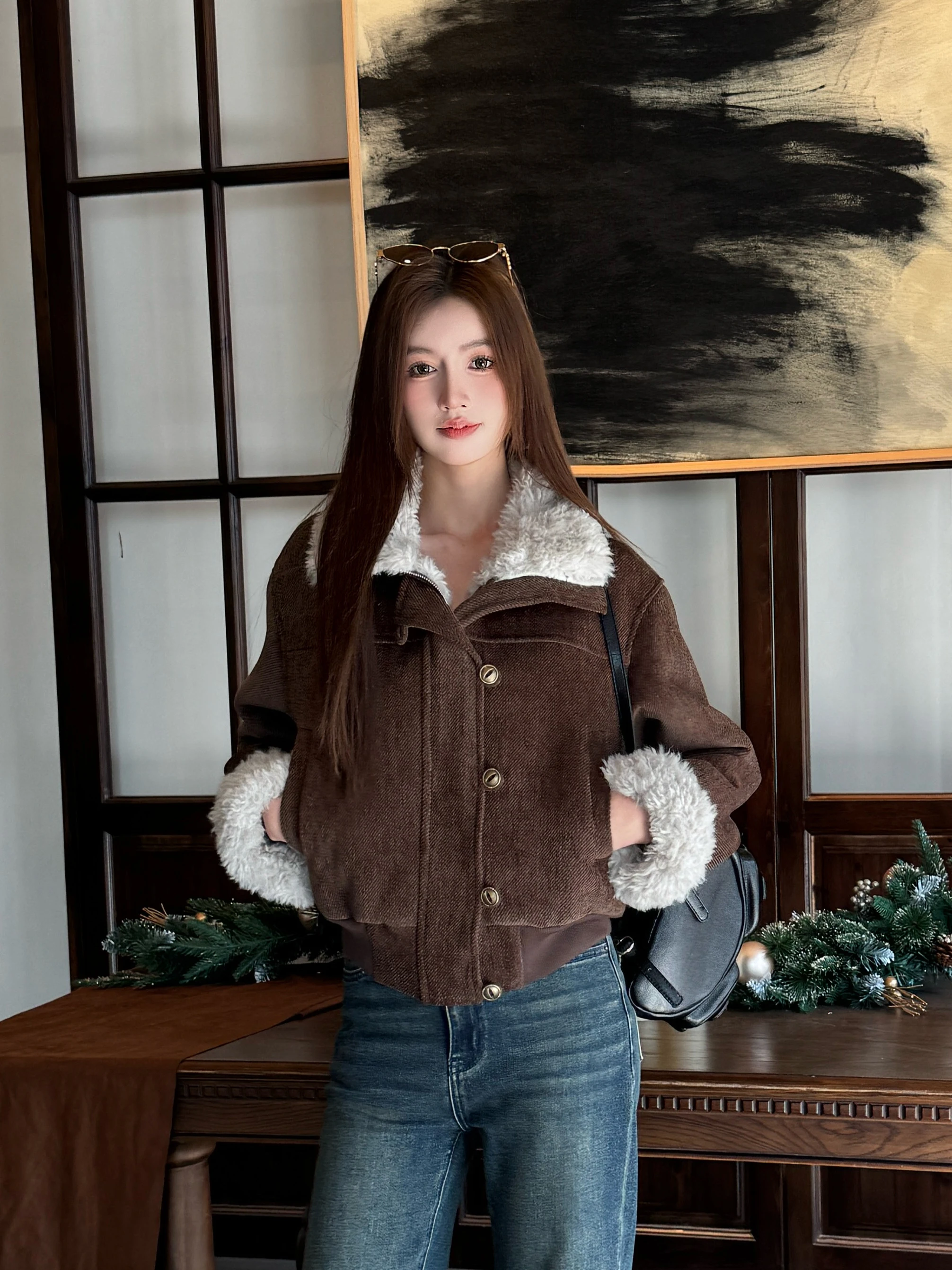 

Thiened ort Fur Jaet Women's Vintage Sle Inteated Leather And Fur Collar Stand up Warmth ort Coat for Ladies