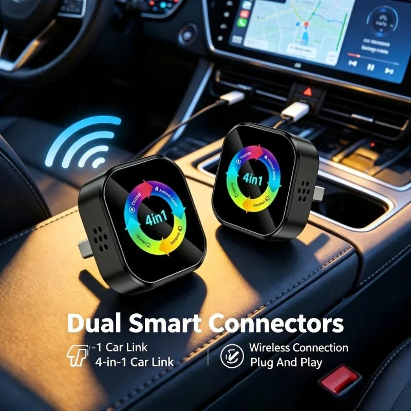 Auto Entertainment Fitting 4In1 Wireless Carplay Adapter Support Apple Android Mirror Link Easy Installation