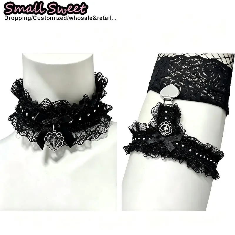 Gothic Lolita Ruffle Lace Choker And Elastic Thigh Garter Set Japanese Style Bowknot Neck Collar Subculture Niche Sexy Jewelry