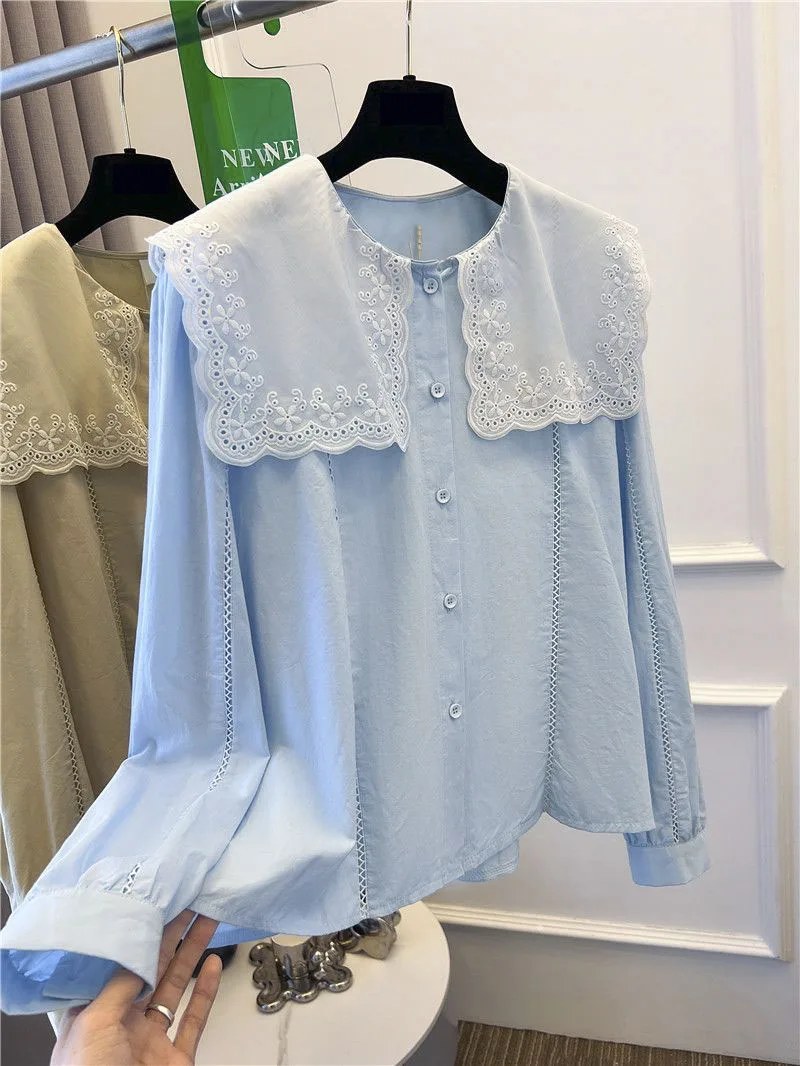 

Sweet Shirt Vintage Solid Color Cute Casual Basic Long Sleeve Women 2023 Summer Design New Shirt Chic Ladies Blouse