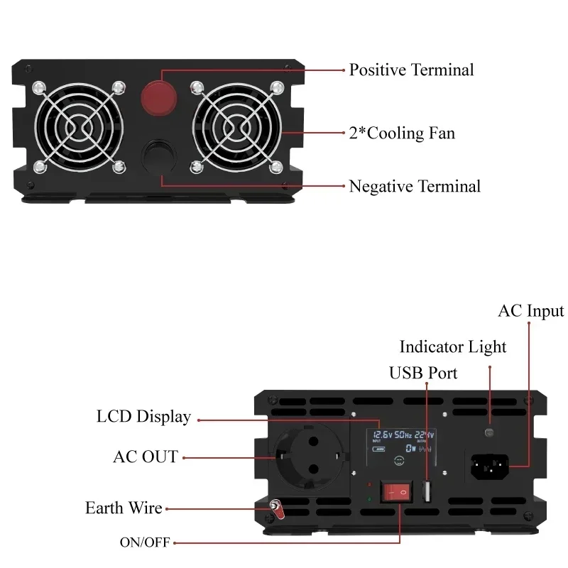 1000W UPS Inverter Charger DC 12V to AC 220V Pure Sine Wave Converter LCD Display Backup Rechargeable Home Car Power Inversor