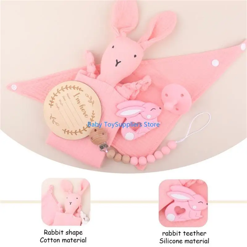 

R1WF Baby Gift Set Rabbit Appease Towel Baby Pacifier Teether Pacifier Chain Memorial Card Bib for Infant Baby Boys Girls
