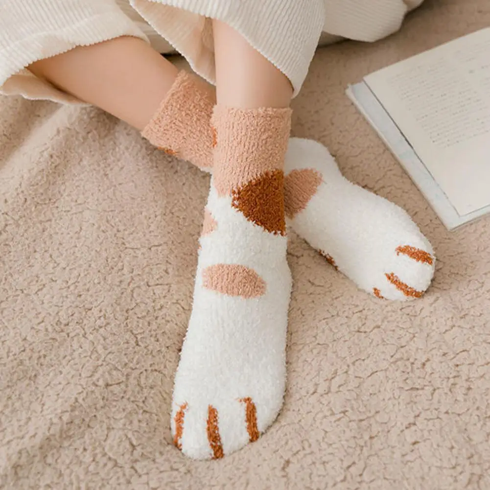 Kawaii Cartoon White Socks for Women Cute 3d Dog Cat Paw Pattern Female Fleece Warm Funny Socks Home Floor Sleeping image 4