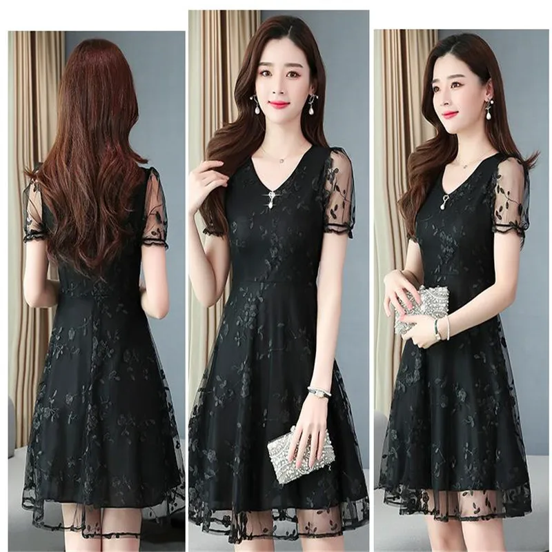 Spring Summer Dress Women Elegant Lace Floral 2023 New Long Sleeve Casual Midi Black Party Dresses Ladies Clothing vestidos robe