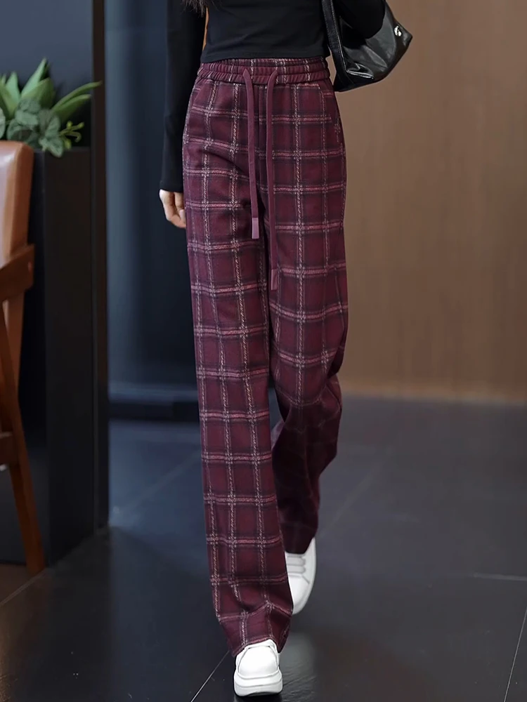 

High Waist Wide Leg Plaid Trousers for Women Autumn Winter New Style Elastic Loose Drapey Ankle Length Straight Cut Pants