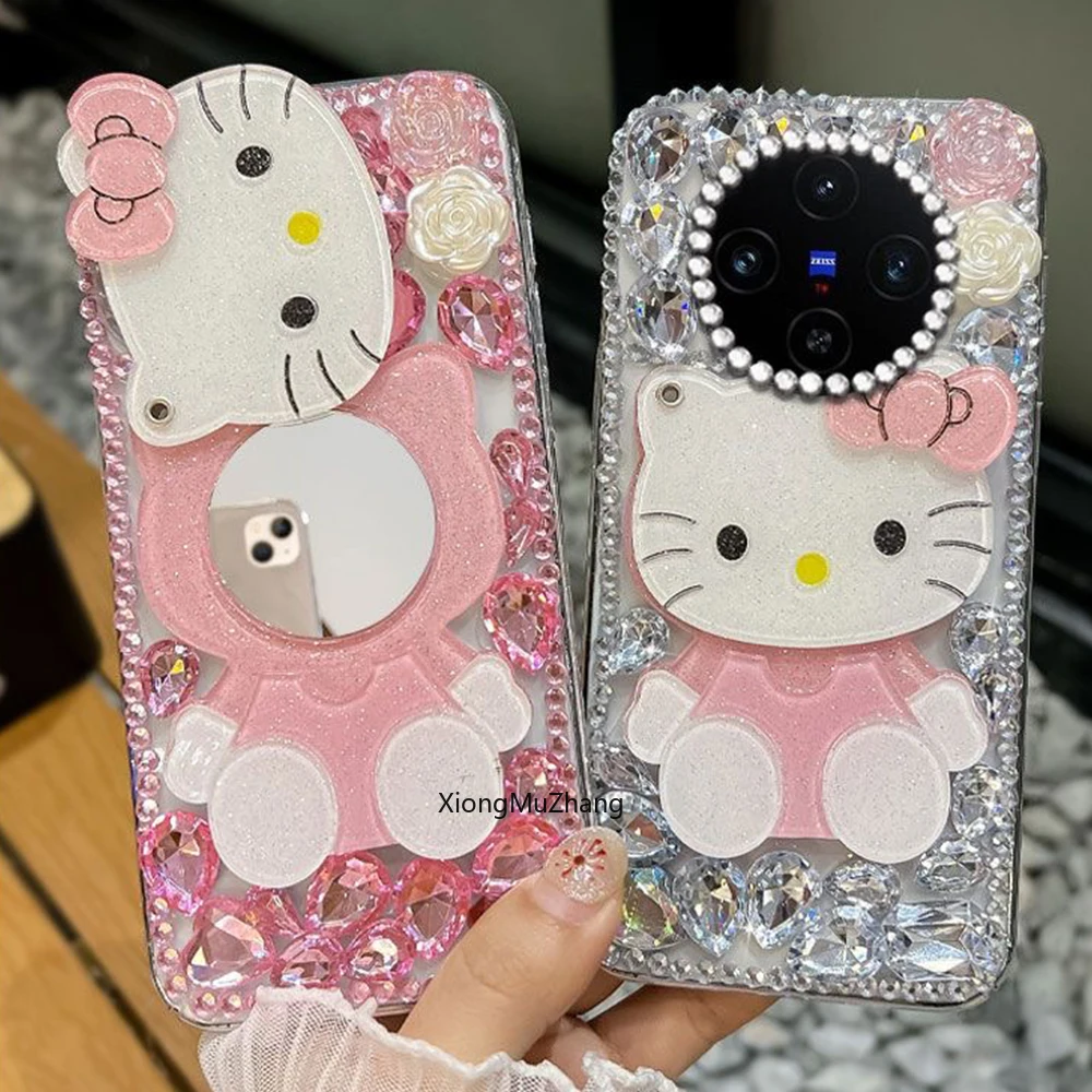 Niedliche Cartoon-Schminkspiegel-Handyhülle mit Strass und Hello Kitty für Vivo V60 V50 Lite V40 Pro V30 X300 X200 Y400 Y28 Y29 Y35 Y26 – Detail 3