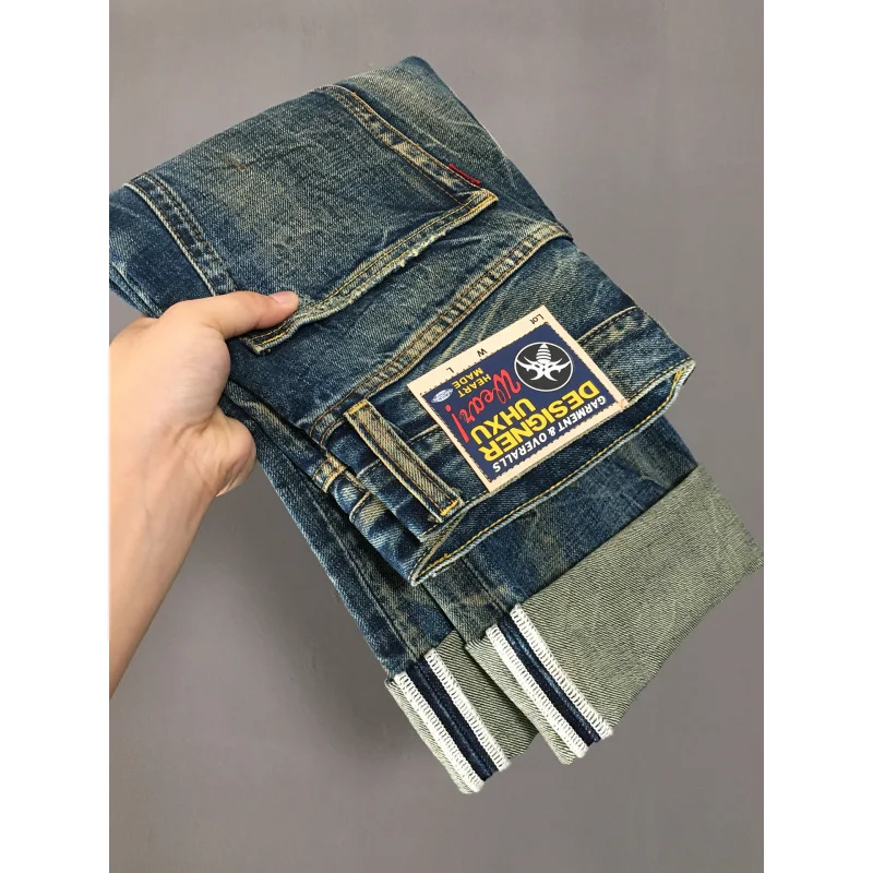 Heavy duty denim pants for men, nostalgic trend 2025 new style, distressed washed loose straight leg scratch jeans