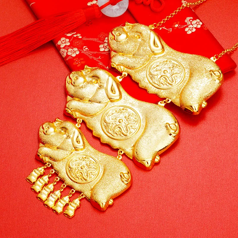 

women's 9999 24K Real Gold Wedding Sanfu Pig Brand Necklace Chinese Wedding Gold Pig Pendant Bridal Accessories for Women