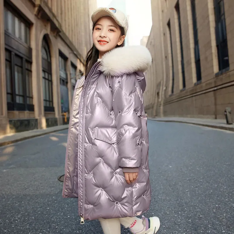 Down Jacket with Fur Collar for Girls Mid-length Fashion New Snowsuit Teenager Bright Print Tops Winter Thick Warm Coat 4-14 Yrs