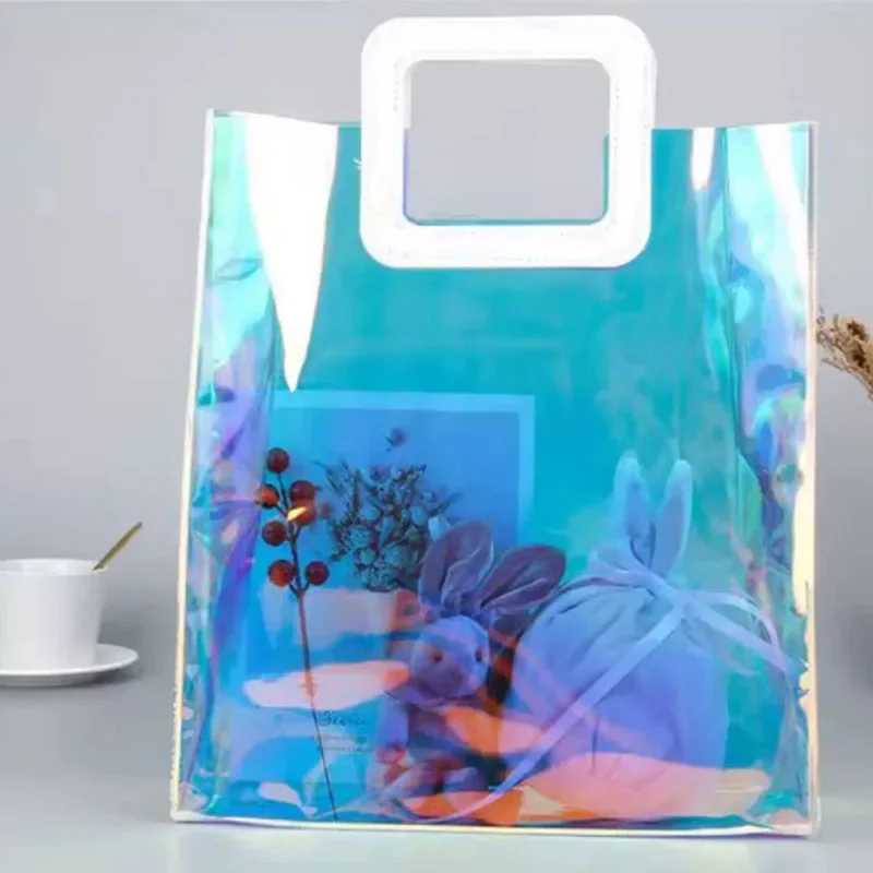 Holographic Clear PVC Tote Bag Custom Cartoon Print Iridescent Transparent Handbag for Gift Cosmetic Shopping Packaging