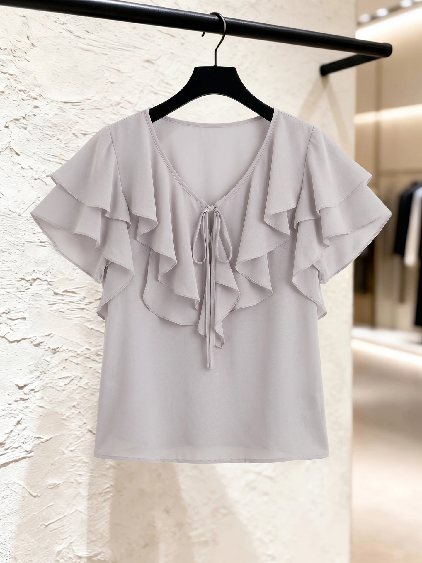 

Korean Style Casual Tie Waist Ruffle Shirt Women's Summer Versatile Fashionable Age-Defying Blouse Straight Cut Commute Wind