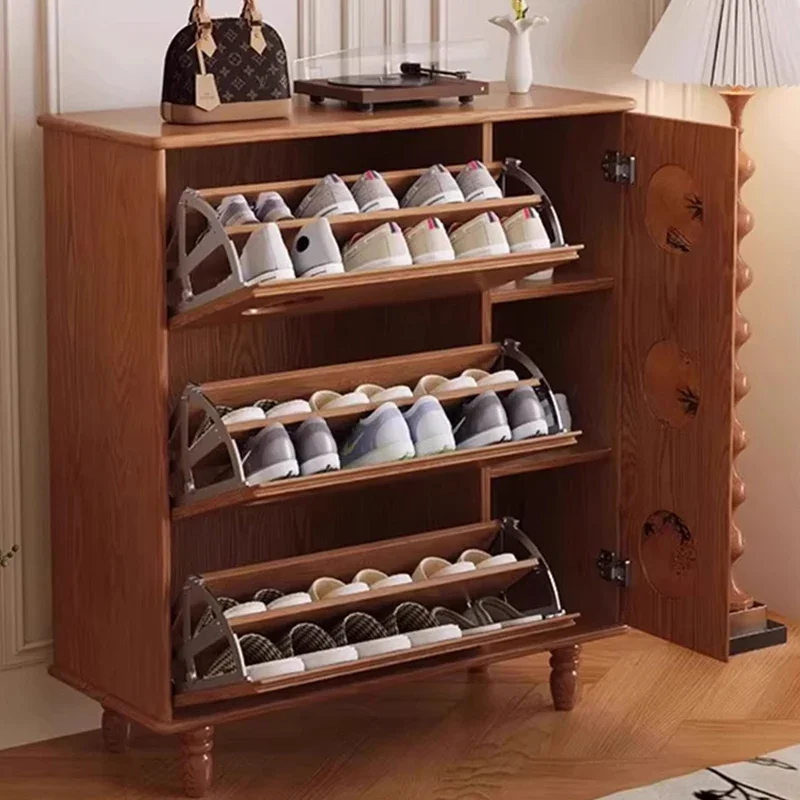 Doorway wooden shoe cabinet living room brown closed shoe rack cabinet, large capacity shoe cabinet storage