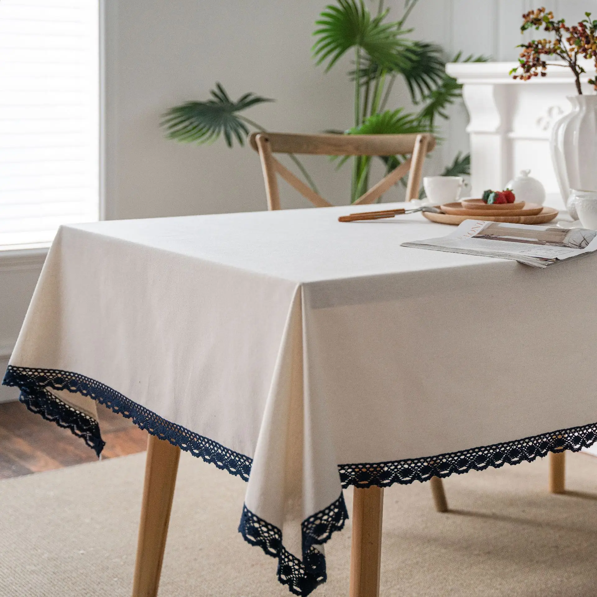 Linen Cotton Tablecloth with Lace, Rectangular Dining Table Cover, Tea Table Cloth, Blue Rose Printing, Pastoral