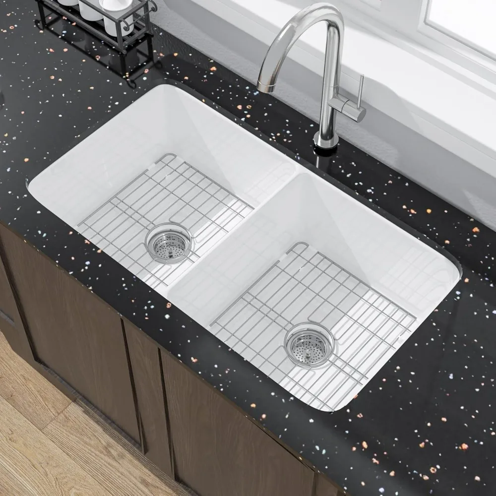 

White Undermount Kitchen Sink 32 Inch - Double Bowl 50/50, Topmount Fireclay Sink Drop In 32"x19"x10", Dual Mount, Dual Basin