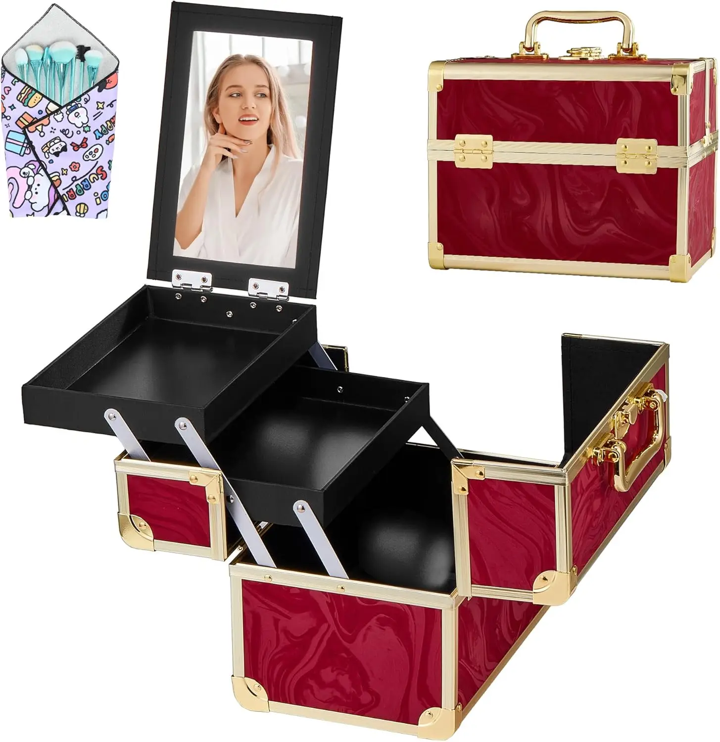 

Portable 2-Tier Makeup Train Case with Mirror, Red, for Travel & Professionals