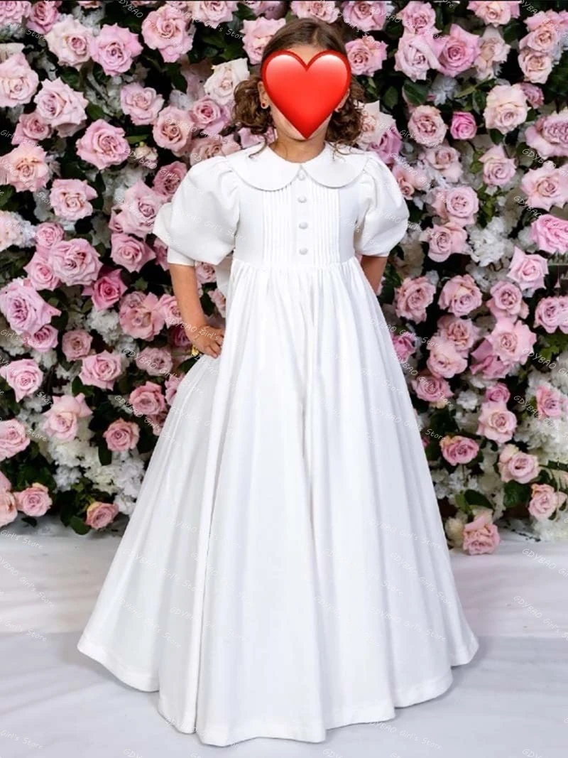 

White First Communion Dress for Girls Eaton Collar Balloon Sleeve Flower Girl Dress for Wedding 2-14 Kids Customized Party Gown