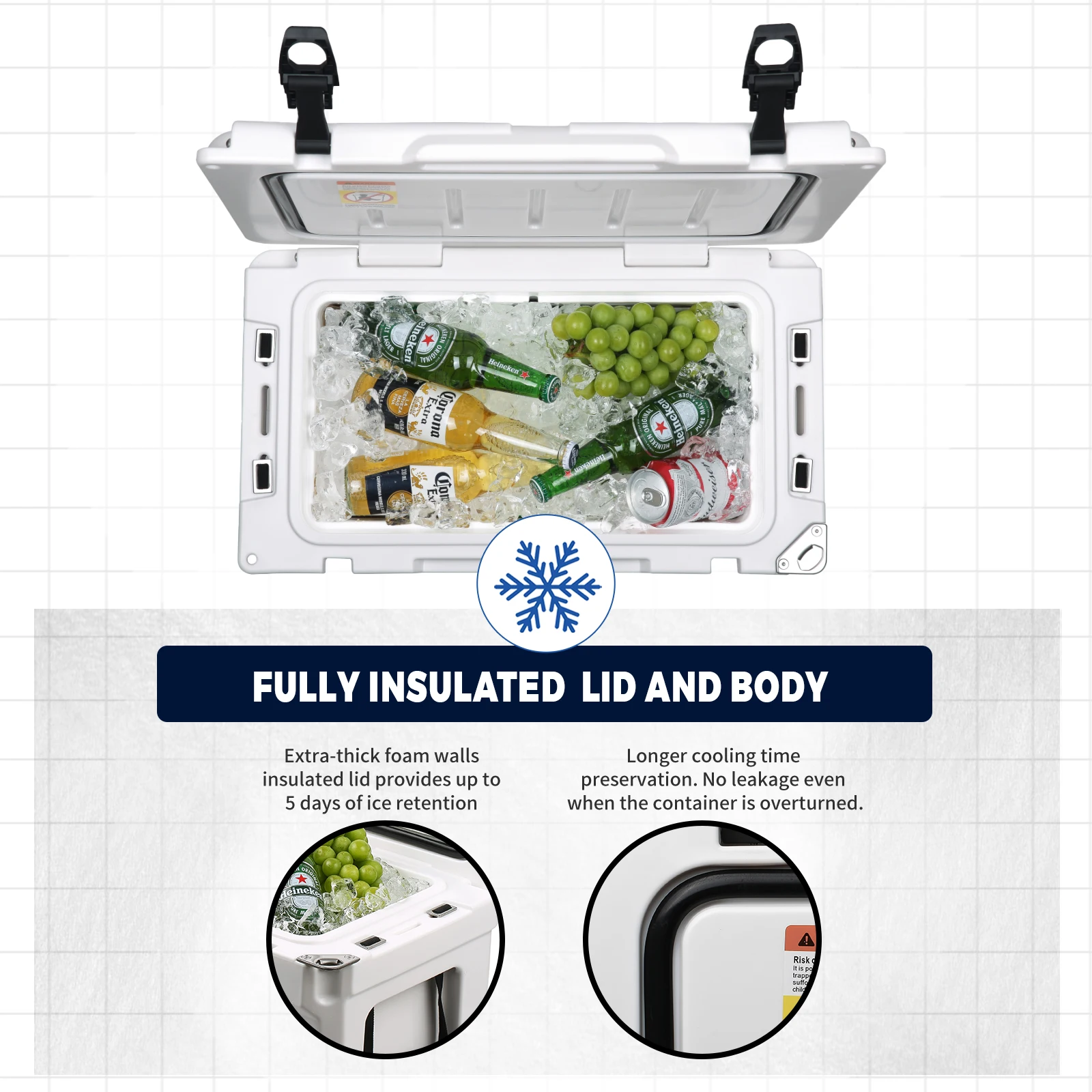 30 QT White Insulated Portable Cooler Box 5 Days Ice Retention Lightweight Ice Chest Box For BBQ