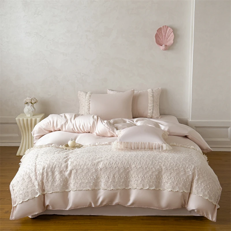Princess Style Pink Floral Lace Embroidery 600TC Lyocell Bedding Set Silky Cooling Duvet Cover Flat/Fitted Bed Sheet Pillowcases