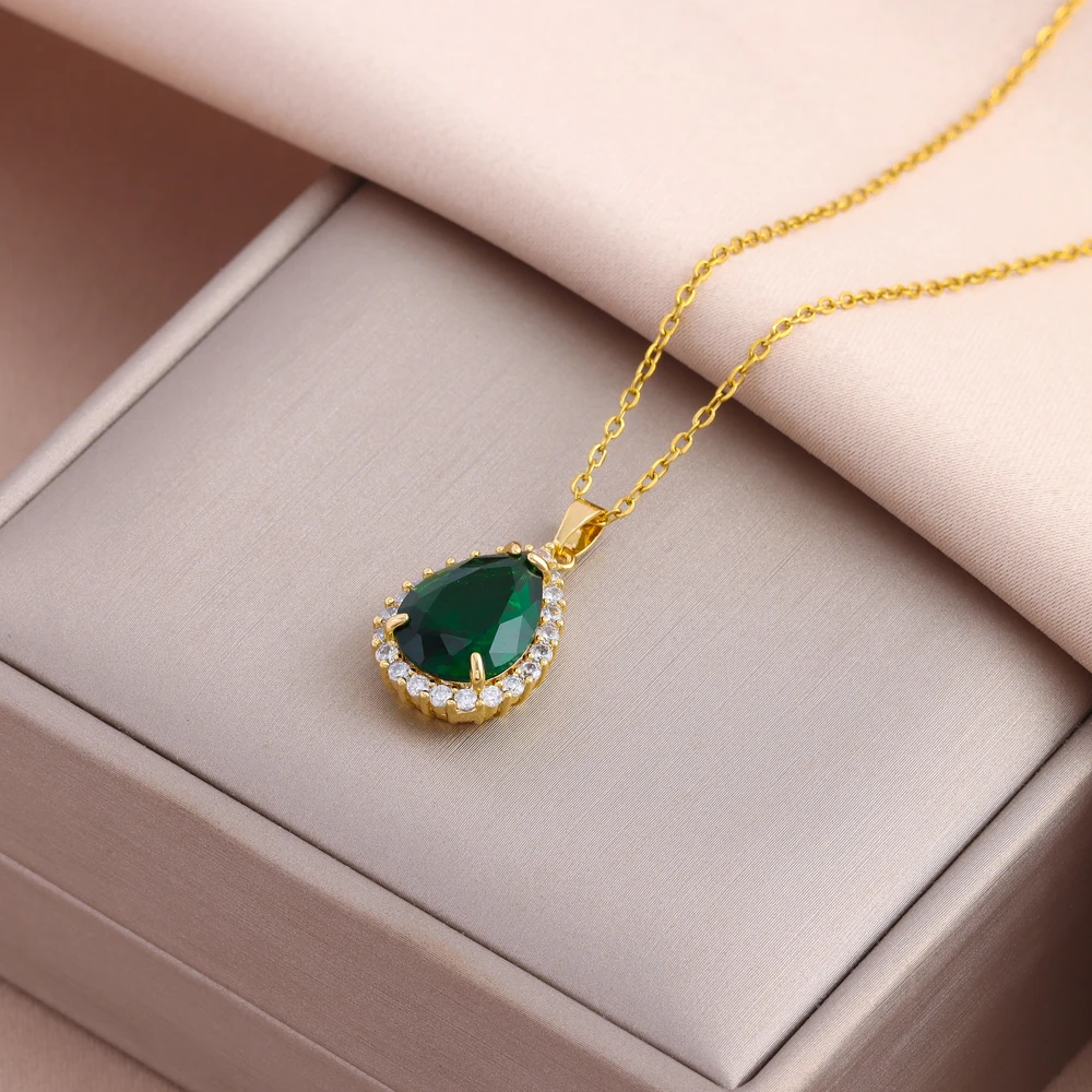 New Vintage Style Luxury Green Zircon Crystal Necklaces For Women Classics Female Daily Wear Stainless Steel Neck Chain Jewelry