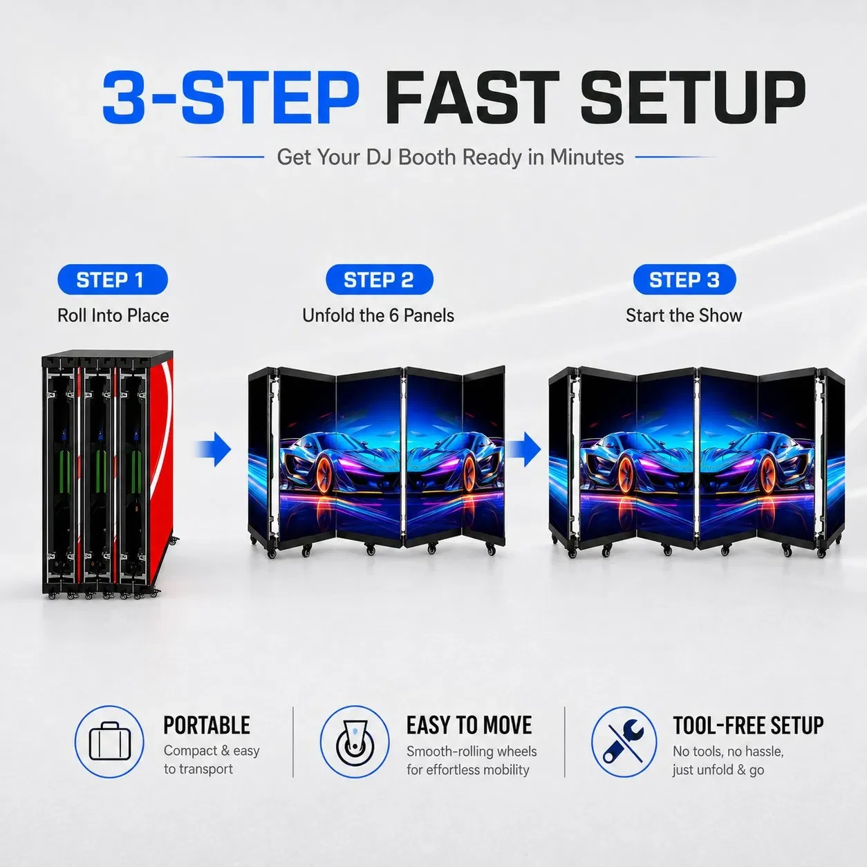 Écran LED vidéo portable pour DJ, pupitre mobile pliable à six volets, façade P2.5 P1.86, stand de DJ mobile à roulettes