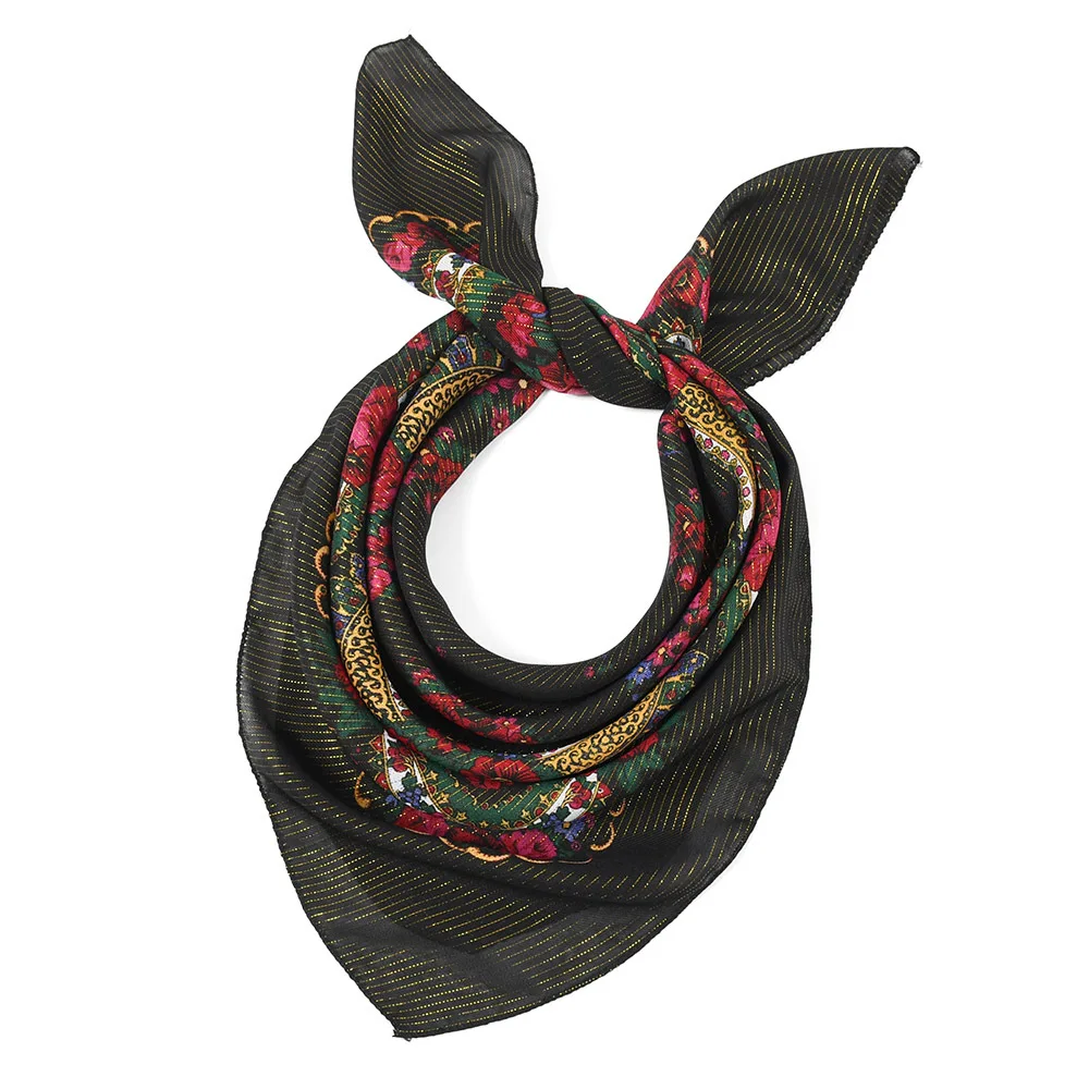 85cm Gold Yarn Square Russian Scarf Women Floral Printed Shawl Female Bandana Head Wrap Headband Scarves Handkerchief