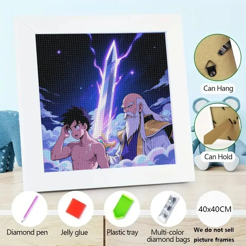 

1PC 5D DIY Full Drill Diamond Painting Kit, Anime Fantasy Warrior & Ancient Sage with Majestic Glowing Sword Art, 40x40CM Rhines