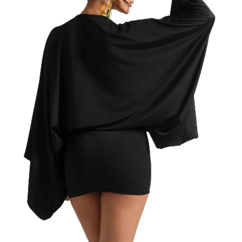 فستان نسائي كاجوال بأكمام تشبه جناح الخفّاش بلون سادة فستان قصير أنيق ثنيات من الساتان ملفوف على الورك مثير عميق على شكل حرف v عالي الخصر فستان قصير