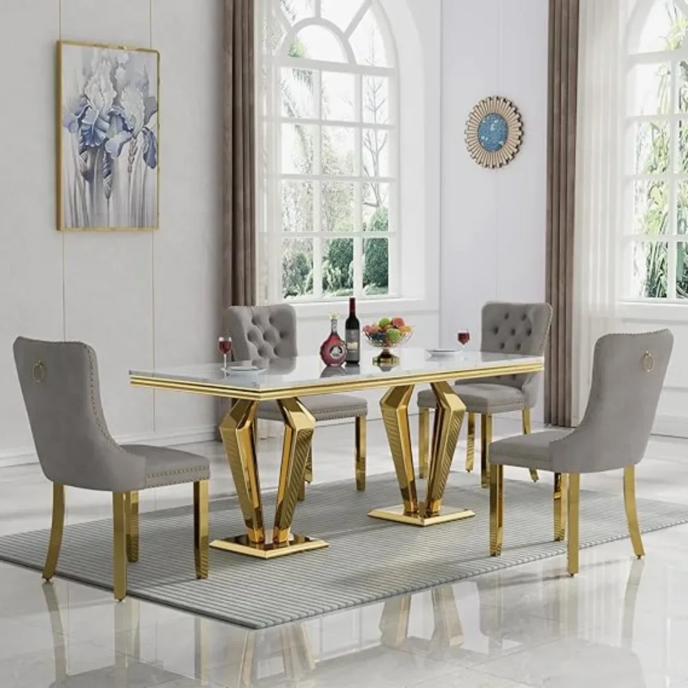 

Dining Table Set for 4, Faux Marble Dining Table and 6 Velvet Upholstered Chair ,70" Dining Table Set, 7 Pcs