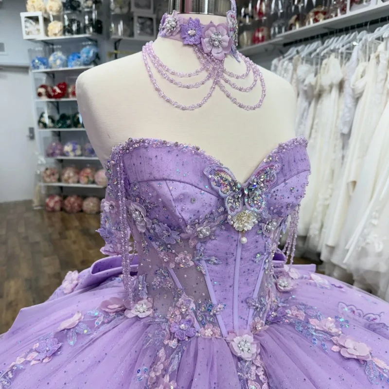 

Shiny Purple Quinceanera Dresses Off the Shoulder Glitter Flower Crystal Decal Long tail Bow Vestidoe 15 Quinceanera Customize