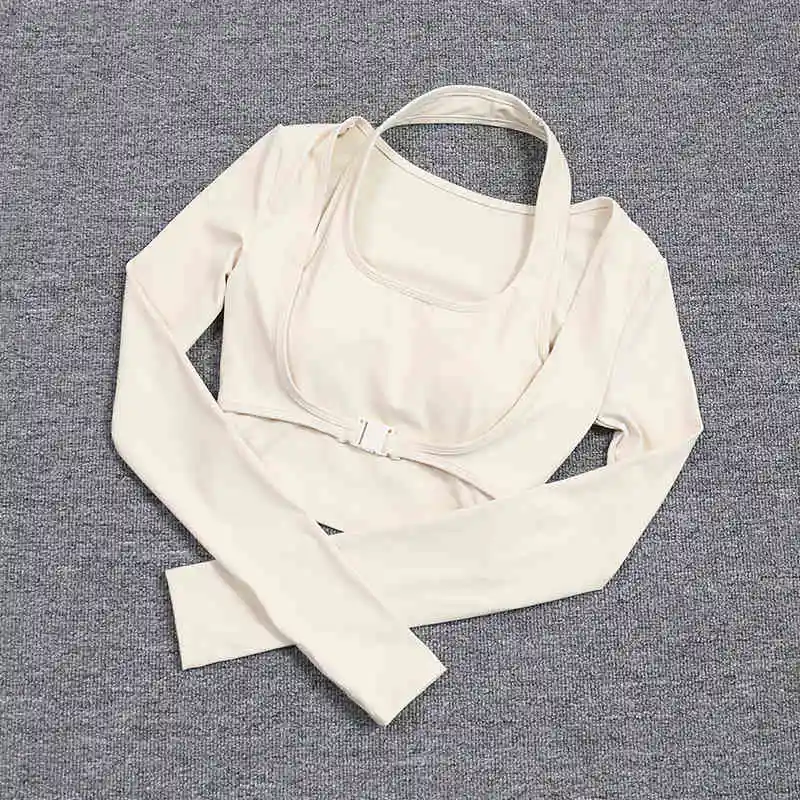 

Wholesale Custom Blank Two-in-one Yoga Crop Top Ladies Long Sleeve Halter Bra Top Ribbed Agraffe Gym Wear Clothes for Women