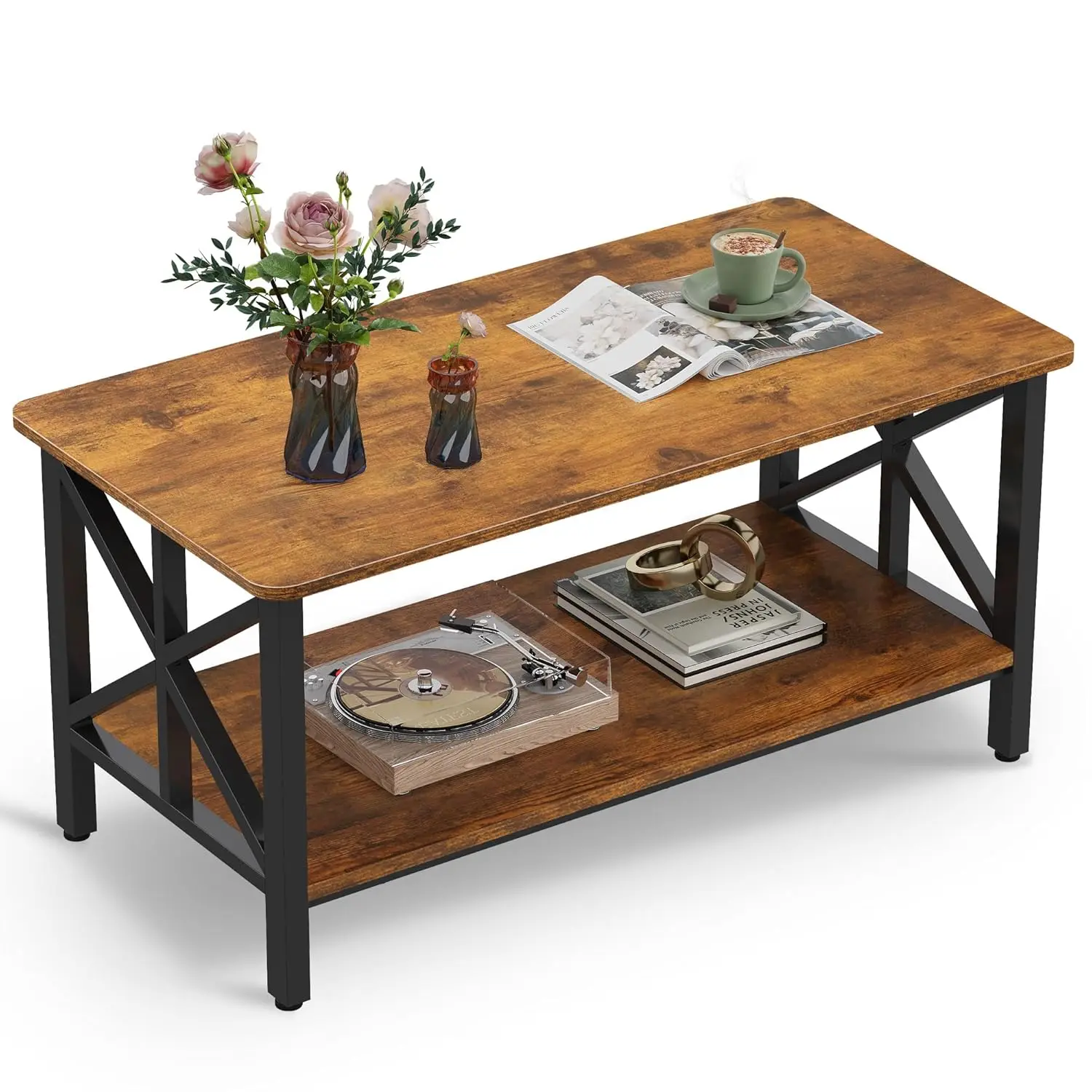 

Coffee Table For Living Room, 39" Modern 2-Tier Center Table With Round Corners, Storage Shelf, Farmhouse Style
